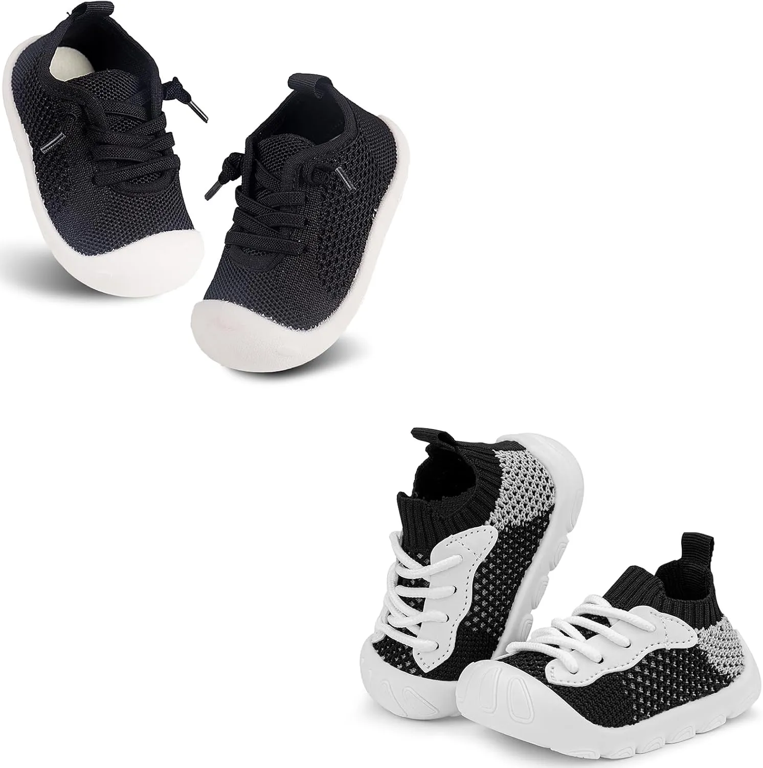 Baby Girl&Boy Toddler First Walking Shoes 6-12 Months Size 3 Black Barefoot Slip On Wide Toe Box Shoes Soft Footmates Casual Tennis Indoor Flexible Learning to Walk Rubber Sneakers