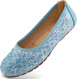 Ballet Flats for Women Dressy : Comfortable Dress Rhinestone Lace Wedding Flat for 2025 - Ladies Slip On Walking Office Shoes