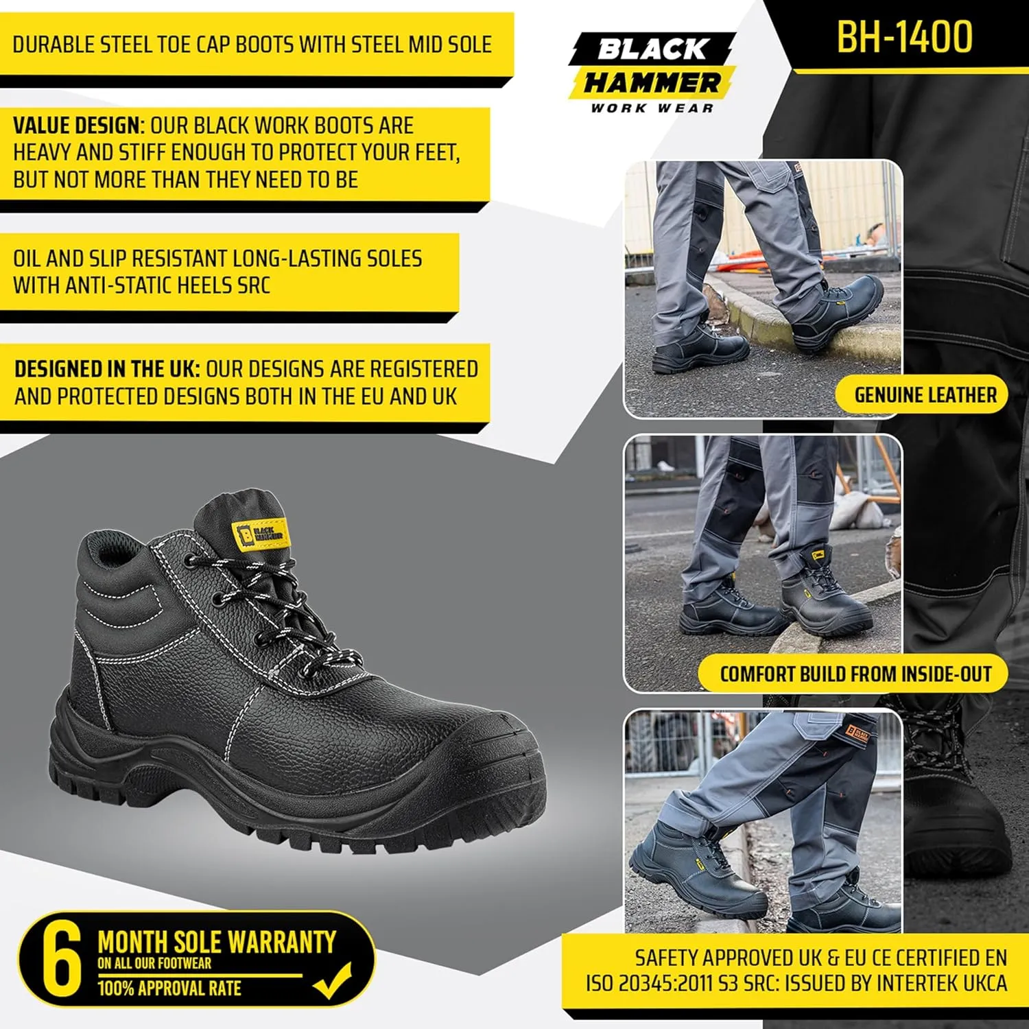 Black Hammer Mens Safety Boots Work Shoes Leather Steel Toe Cap Lightweight Footwear S3 SRC 1400 Black