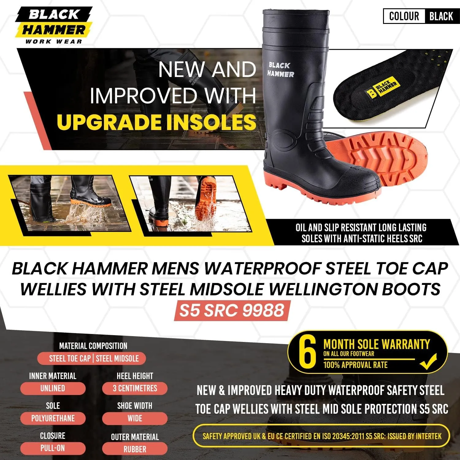 Black Hammer Mens Waterproof Steel Toe Cap Wellies with Steel Midsole Wellington Boots S5 SRC 9988