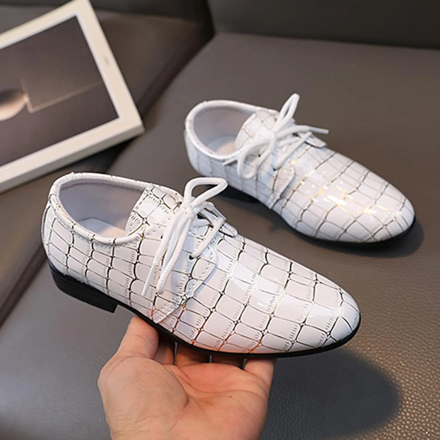Boys Printed xford Dress Shoes, Fashion Leather Lace-up Comfortable Slip-on Pointed-Toe Business Formal Shoes