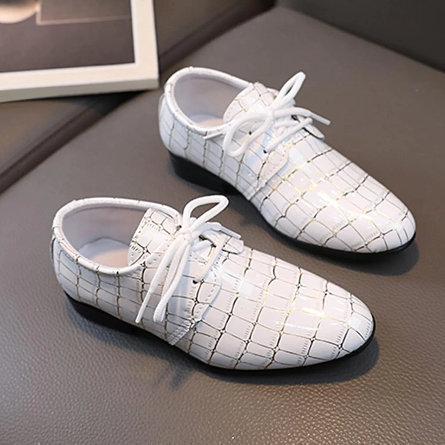 Boys Printed xford Dress Shoes, Fashion Leather Lace-up Comfortable Slip-on Pointed-Toe Business Formal Shoes