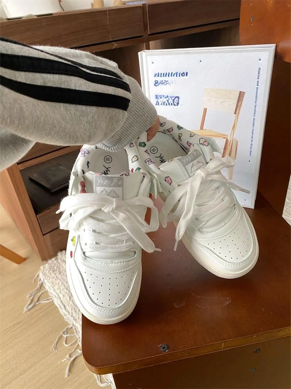 Charming Rainbow Flower White Platform Sneakers - Cute Floral Print, Casual Shoes for Women & Teens - Lightweight & Stylish