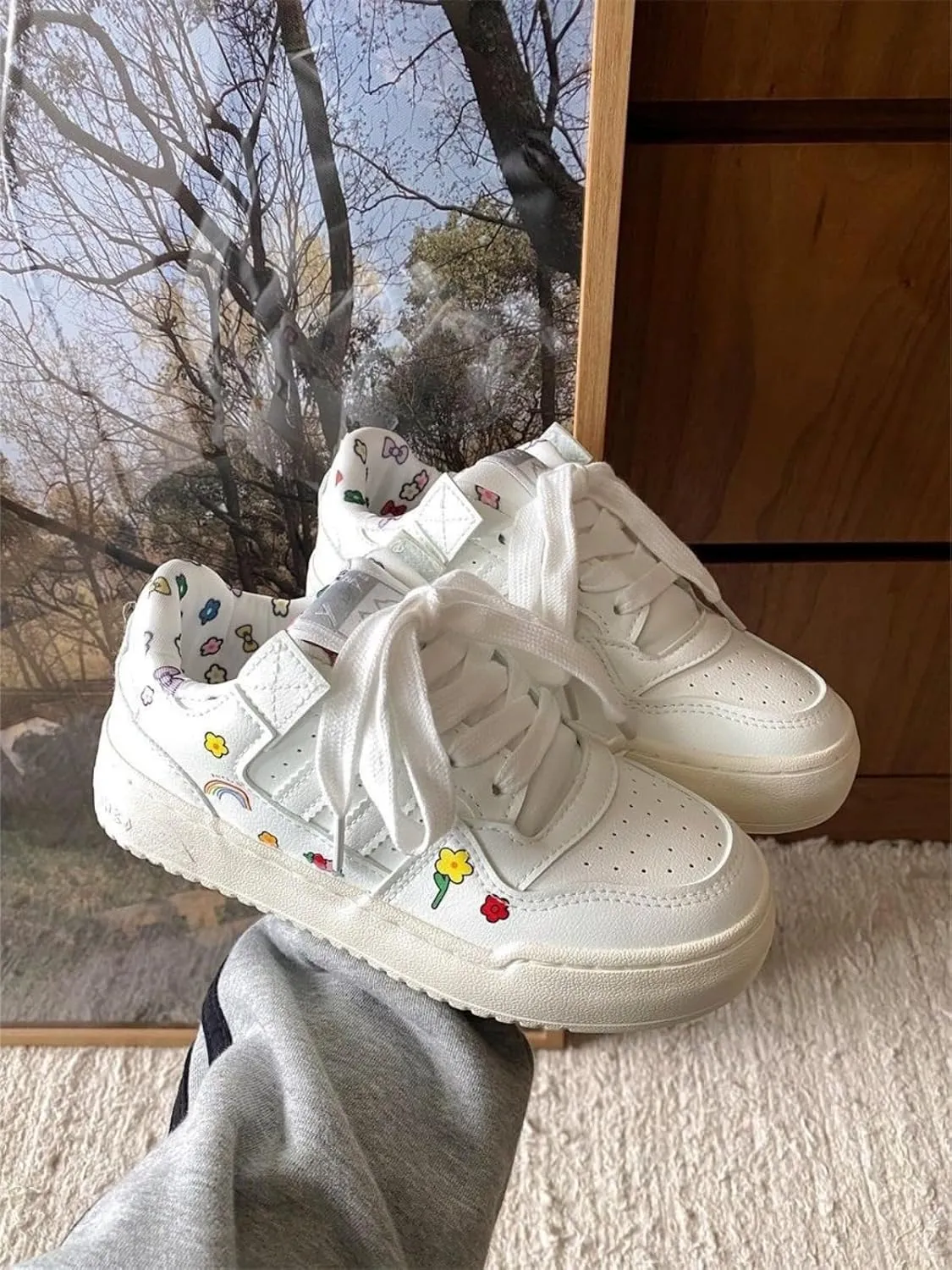 Charming Rainbow Flower White Platform Sneakers - Cute Floral Print, Casual Shoes for Women & Teens - Lightweight & Stylish