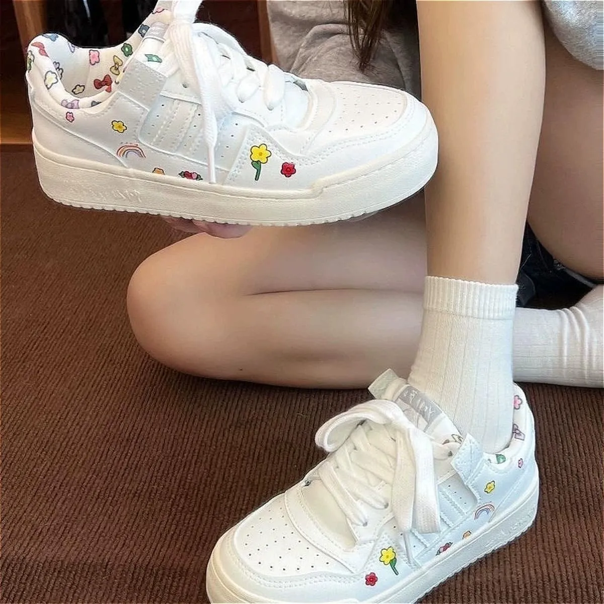 Charming Rainbow Flower White Platform Sneakers - Cute Floral Print, Casual Shoes for Women & Teens - Lightweight & Stylish