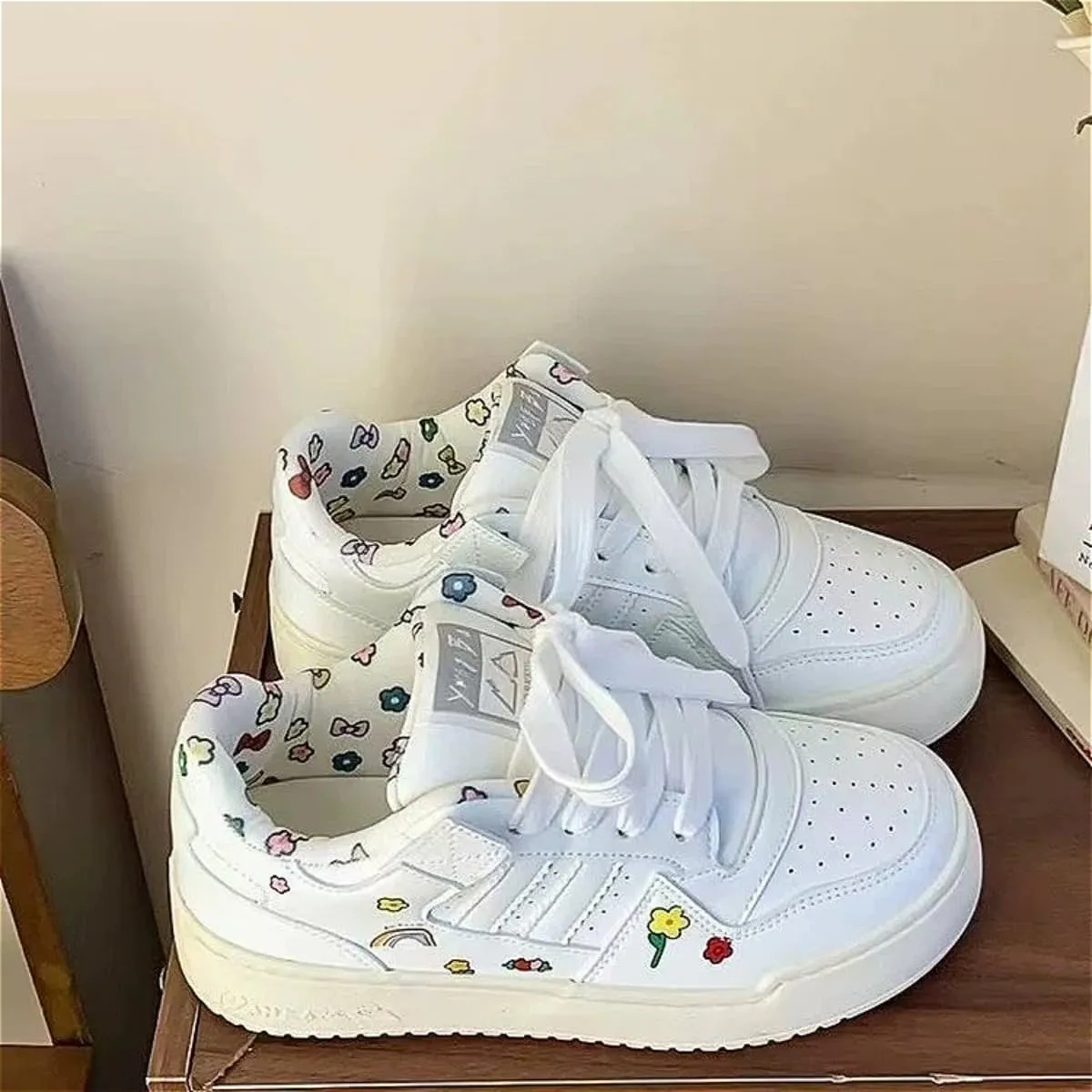 Charming Rainbow Flower White Platform Sneakers - Cute Floral Print, Casual Shoes for Women & Teens - Lightweight & Stylish