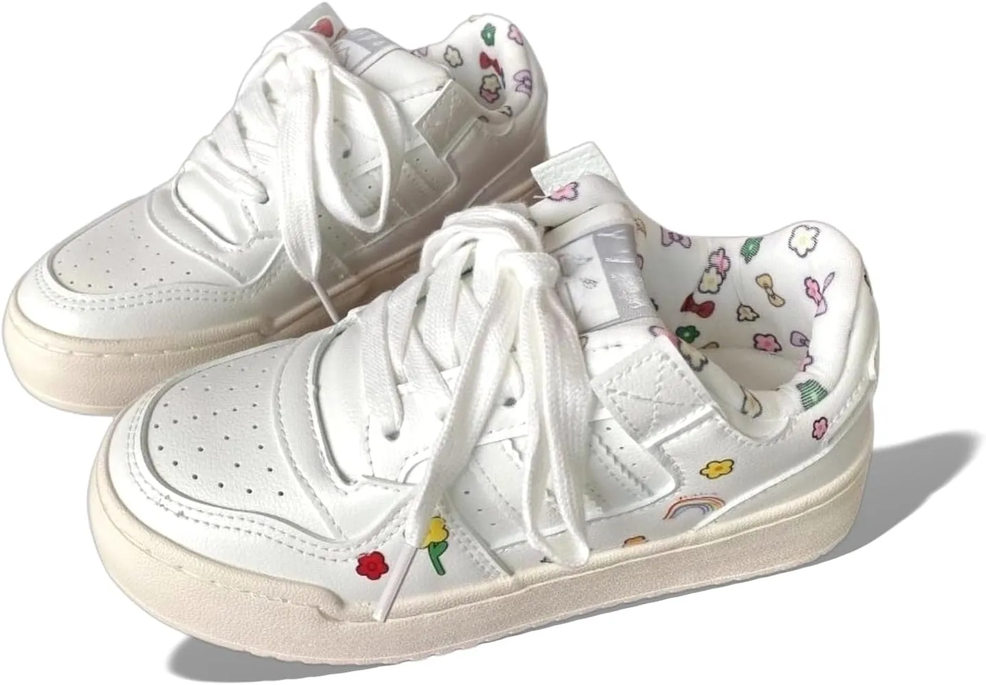 Charming Rainbow Flower White Platform Sneakers - Cute Floral Print, Casual Shoes for Women & Teens - Lightweight & Stylish
