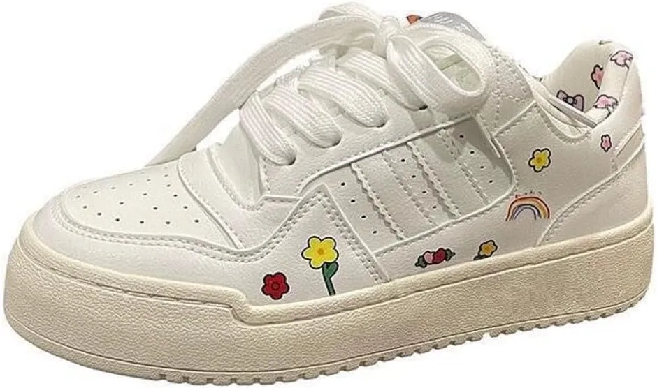 Charming Rainbow Flower White Platform Sneakers - Cute Floral Print, Casual Shoes for Women & Teens - Lightweight & Stylish