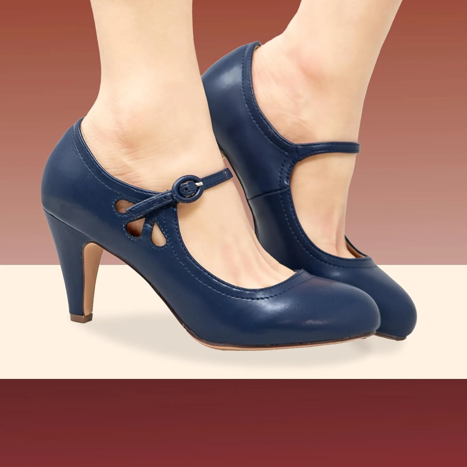 Chase & Chloe Kimmy-21 Women's Round Toe Pierced Mid Heel Mary Jane Style Dress Pumps