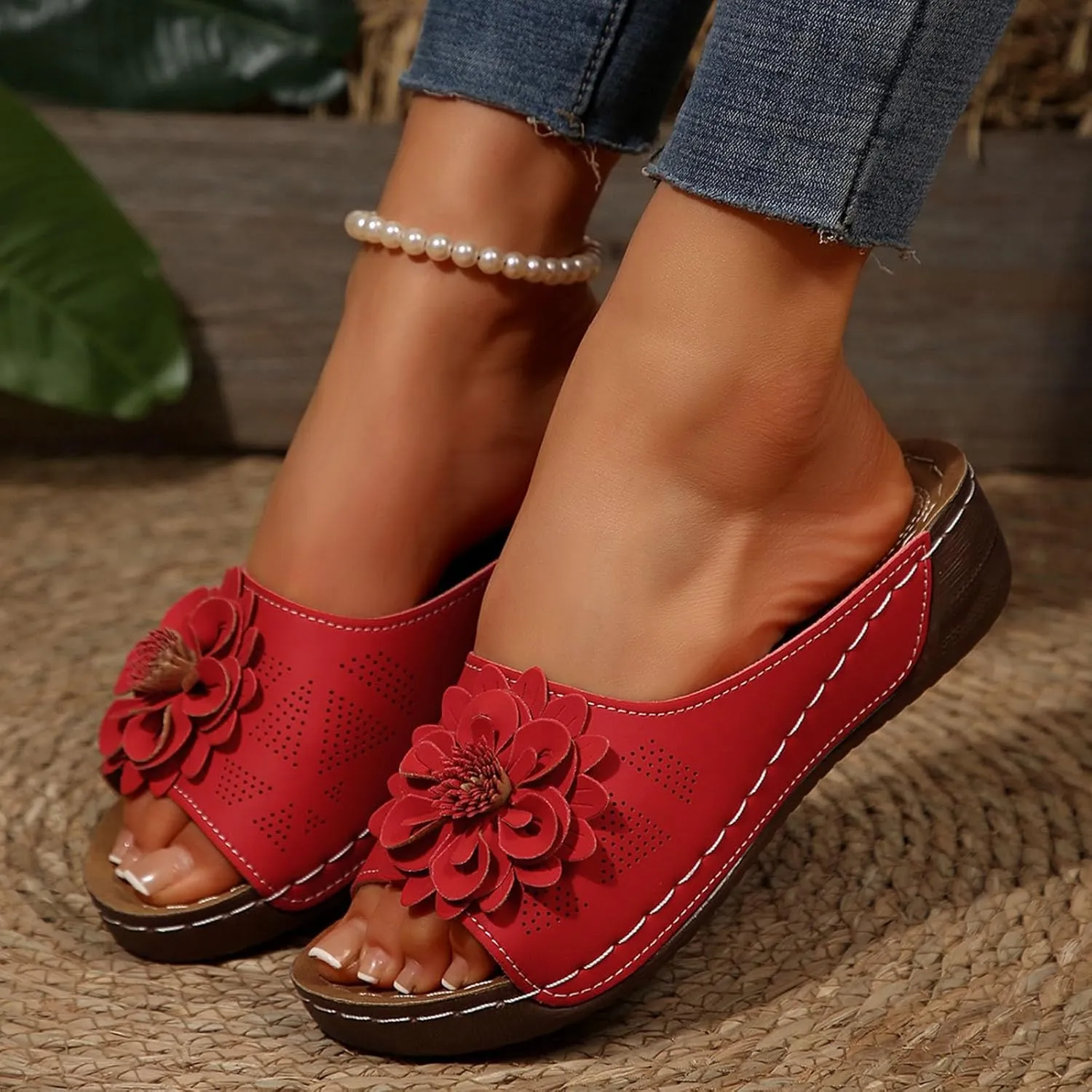 Chic Flowers Orthopedic Wedge Sandals for Women,Flowers Open Toe Platform Casual Walking Slip on Sandals Leather Breathable Comfortable Slip On Orthopedic Arch Support Slide Shoes