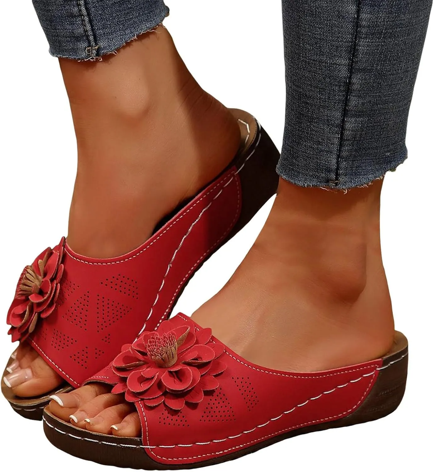 Chic Flowers Orthopedic Wedge Sandals for Women,Flowers Open Toe Platform Casual Walking Slip on Sandals Leather Breathable Comfortable Slip On Orthopedic Arch Support Slide Shoes