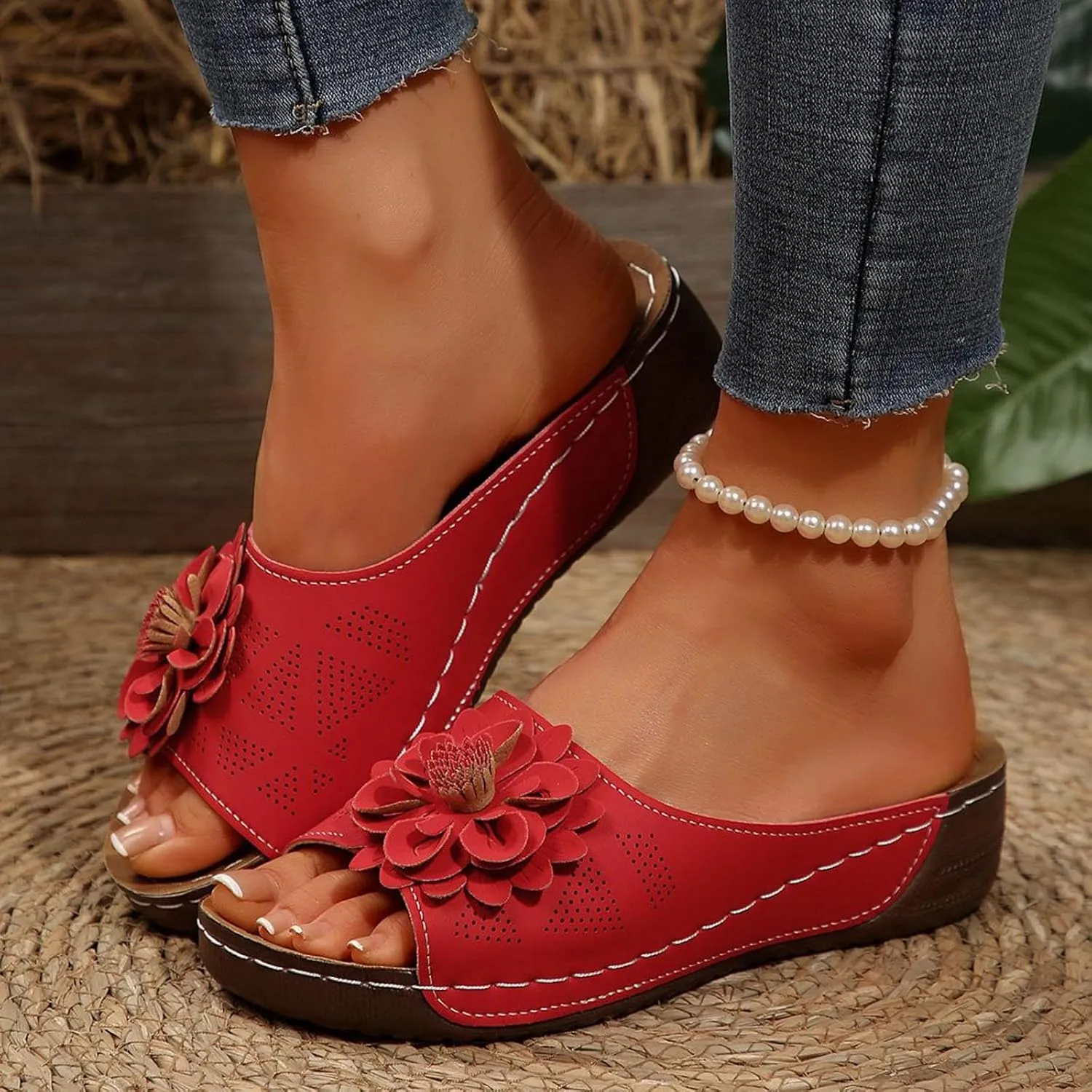 Chic Flowers Orthopedic Wedge Sandals for Women,Flowers Open Toe Platform Casual Walking Slip on Sandals Leather Breathable Comfortable Slip On Orthopedic Arch Support Slide Shoes