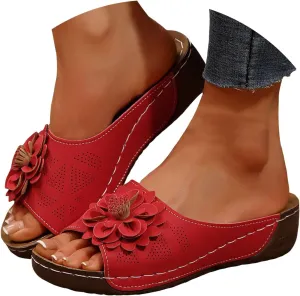 Chic Flowers Orthopedic Wedge Sandals for Women,Flowers Open Toe Platform Casual Walking Slip on Sandals Leather Breathable Comfortable Slip On Orthopedic Arch Support Slide Shoes