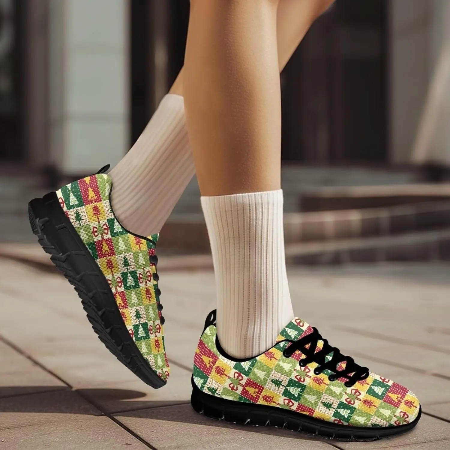 Christmas Sneakers for Women Flat Cozy Lace Up Low-Top Anti-Slip Workout Running Sneakers for Ladies Outdoor Exercise Hiking Shoes for Teen Girls US 5-12