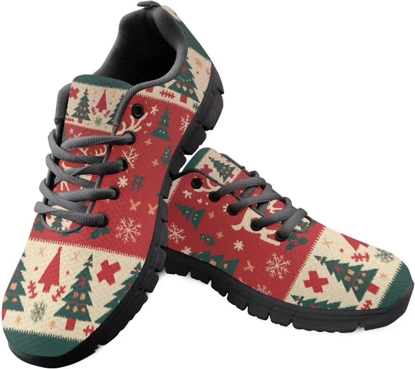 Christmas Sneakers for Women Flat Cozy Lace Up Low-Top Anti-Slip Workout Running Sneakers for Ladies Outdoor Exercise Hiking Shoes for Teen Girls US 5-12