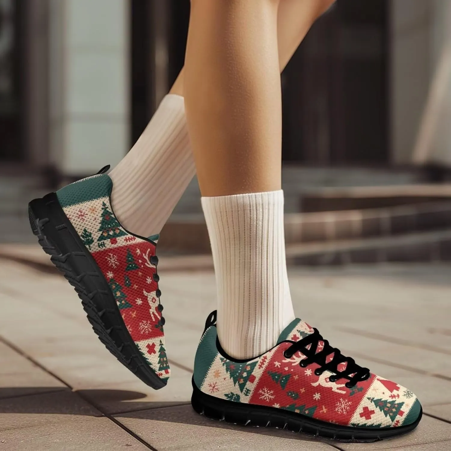 Christmas Sneakers for Women Flat Cozy Lace Up Low-Top Anti-Slip Workout Running Sneakers for Ladies Outdoor Exercise Hiking Shoes for Teen Girls US 5-12