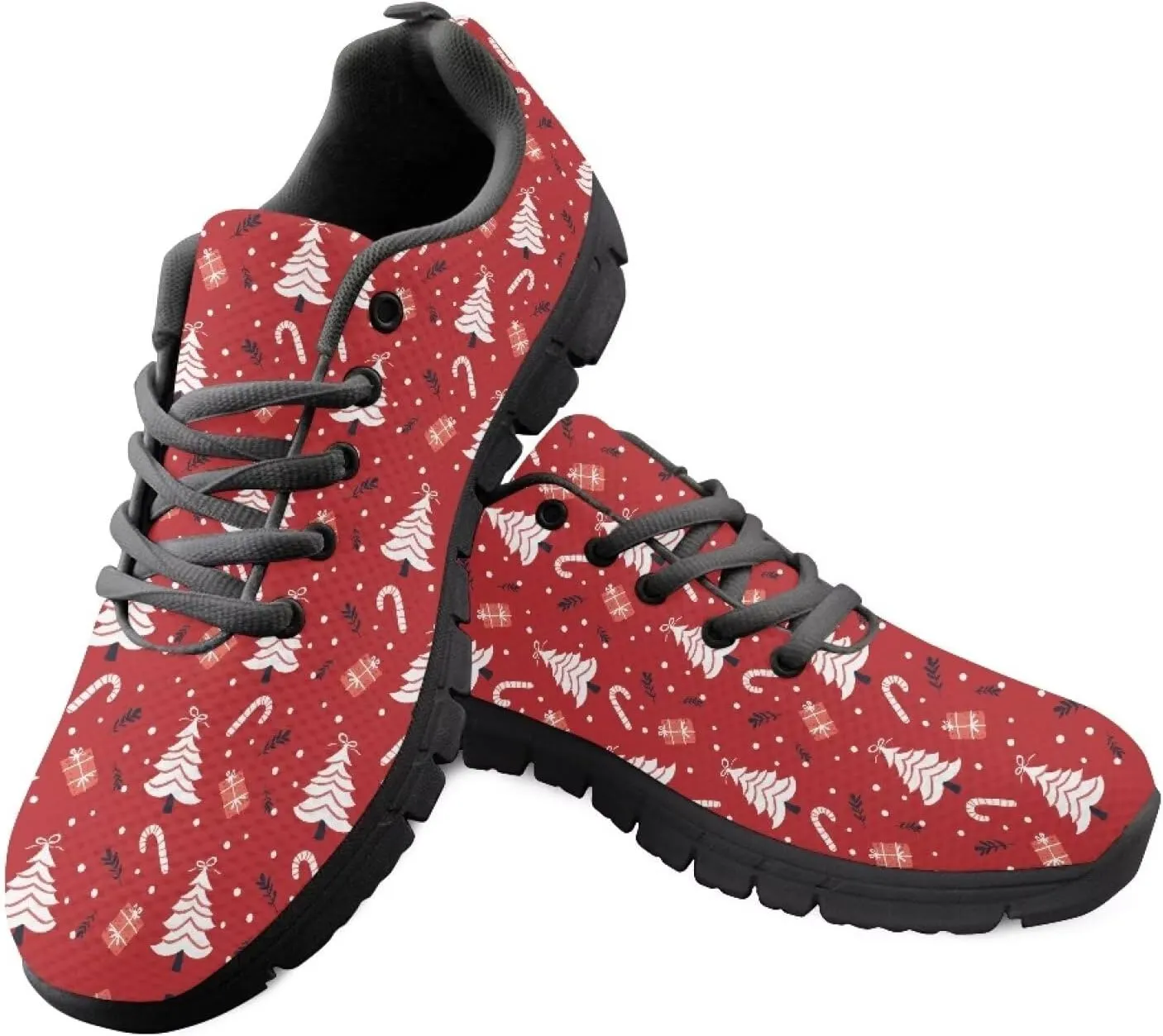 Christmas Sneakers for Women Flat Cozy Lace Up Low-Top Anti-Slip Workout Running Sneakers for Ladies Outdoor Exercise Hiking Shoes for Teen Girls US 5-12