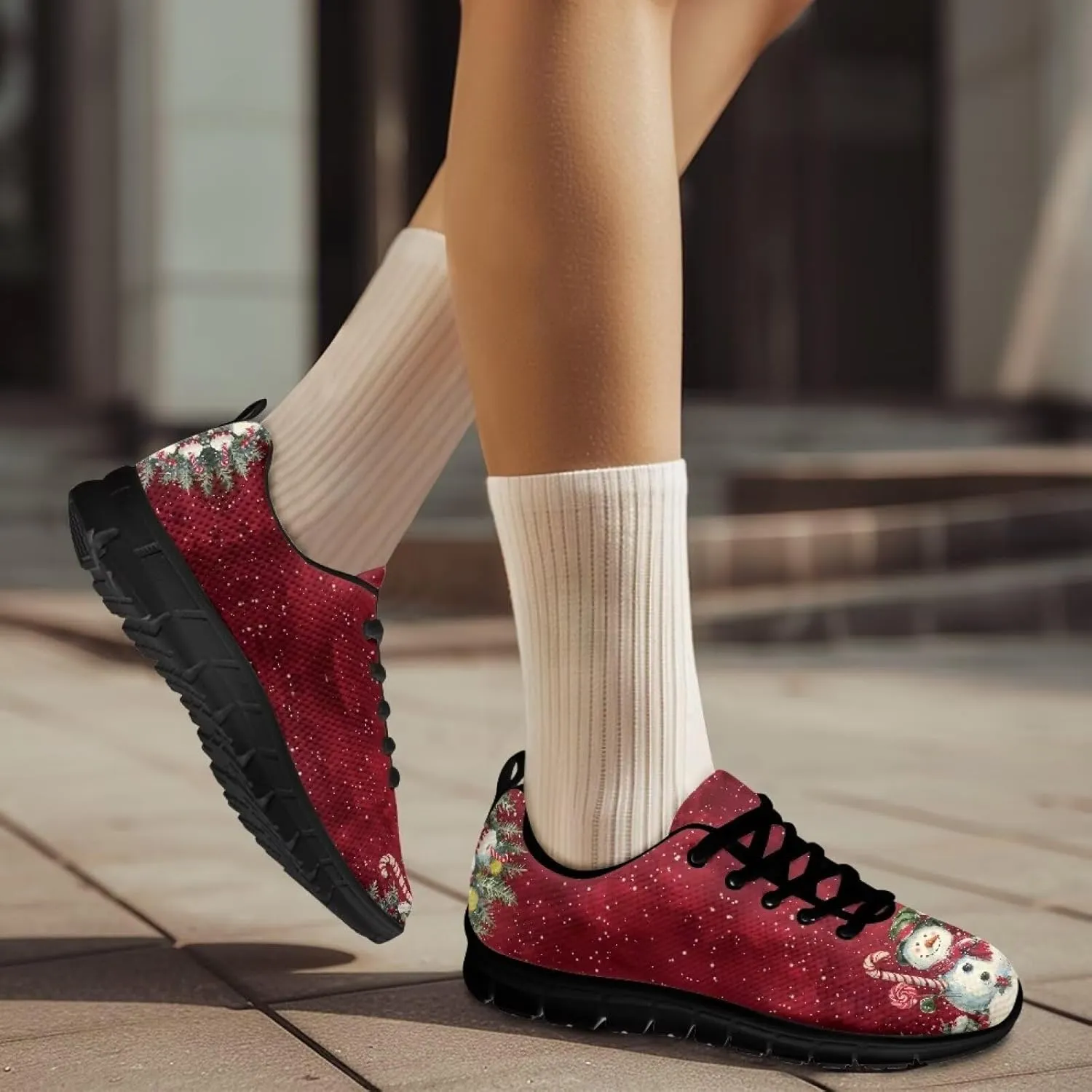 Christmas Sneakers for Women Flat Cozy Lace Up Low-Top Anti-Slip Workout Running Sneakers for Ladies Outdoor Exercise Hiking Shoes for Teen Girls US 5-12