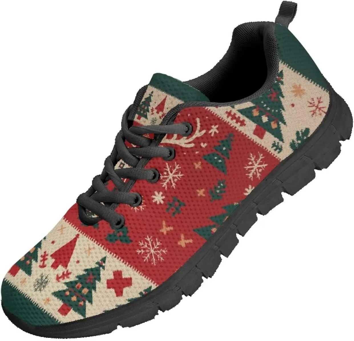 Christmas Sneakers for Women Flat Cozy Lace Up Low-Top Anti-Slip Workout Running Sneakers for Ladies Outdoor Exercise Hiking Shoes for Teen Girls US 5-12