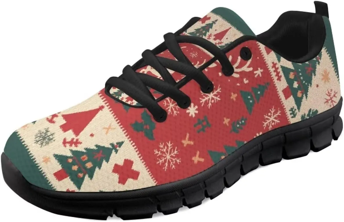Christmas Sneakers for Women Flat Cozy Lace Up Low-Top Anti-Slip Workout Running Sneakers for Ladies Outdoor Exercise Hiking Shoes for Teen Girls US 5-12