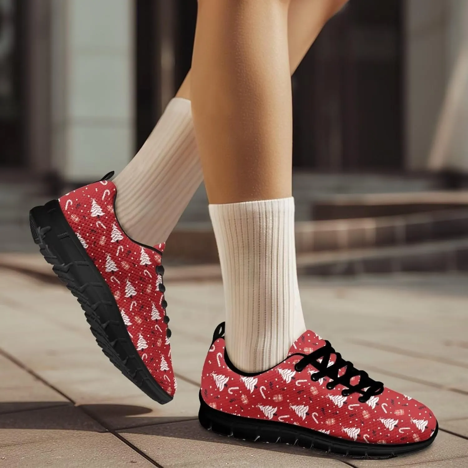 Christmas Sneakers for Women Flat Cozy Lace Up Low-Top Anti-Slip Workout Running Sneakers for Ladies Outdoor Exercise Hiking Shoes for Teen Girls US 5-12