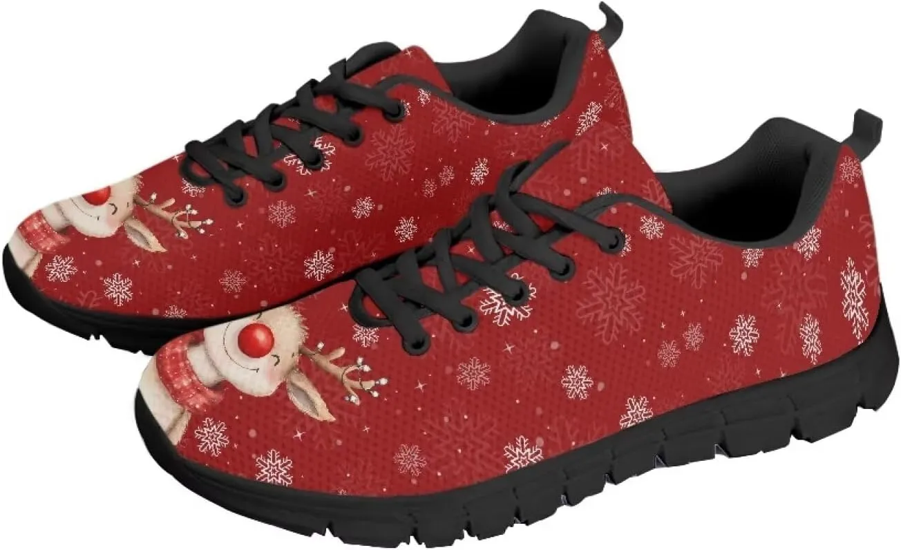 Christmas Sneakers for Women Flat Cozy Lace Up Low-Top Outdoor Gym Sneakers for Ladies Anti-Slip Workout Exercise Hiking Shoes for Teen Girls US 5-12