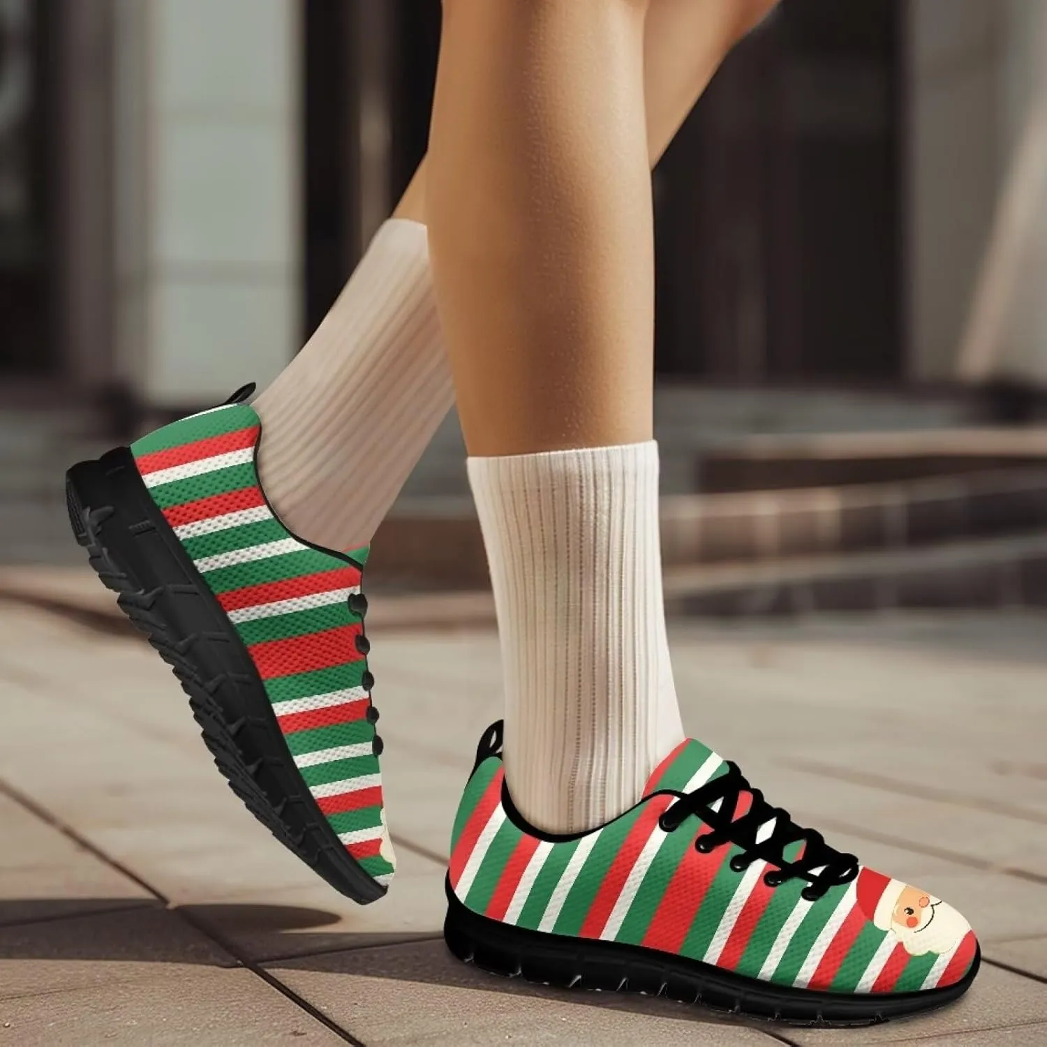 Christmas Sneakers for Women Flat Cozy Lace Up Low-Top Outdoor Gym Sneakers for Ladies Anti-Slip Workout Exercise Hiking Shoes for Teen Girls US 5-12