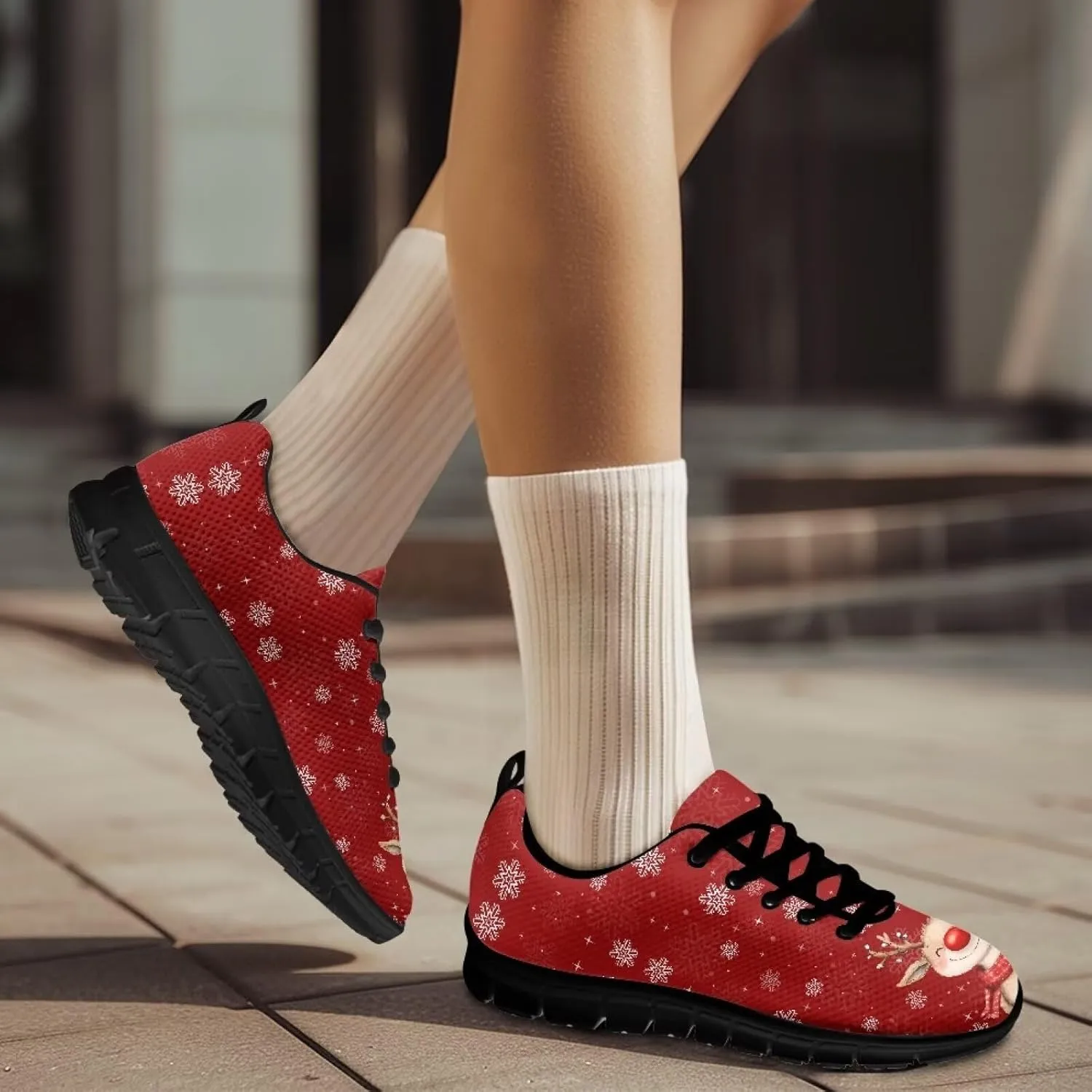 Christmas Sneakers for Women Flat Cozy Lace Up Low-Top Outdoor Gym Sneakers for Ladies Anti-Slip Workout Exercise Hiking Shoes for Teen Girls US 5-12