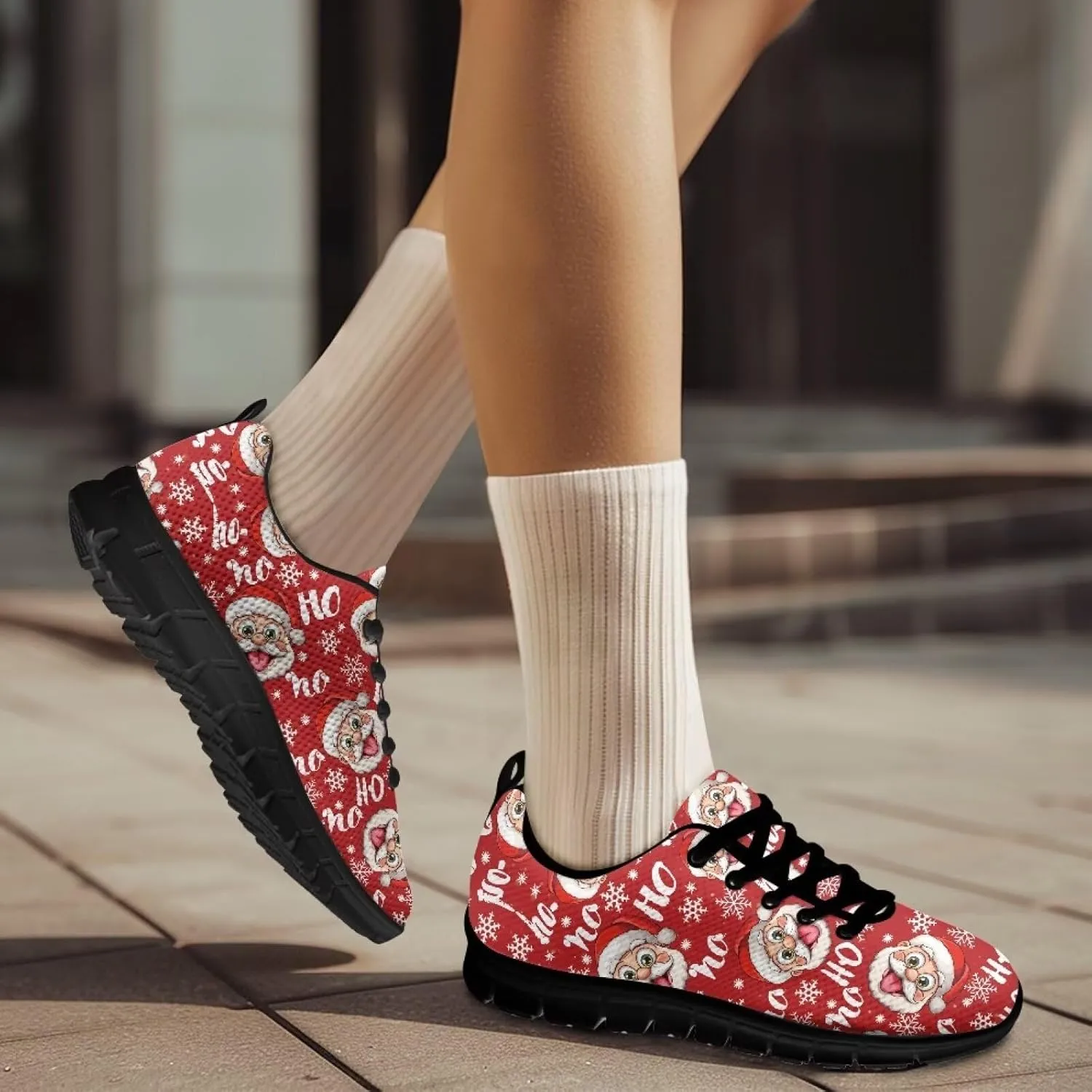 Christmas Sneakers for Women Flat Soft Low-Top Outdoor Running Sneakers for Ladies Lace-Up Non-Slip Workout Hiking Shoes for Teen Girls US 5-12