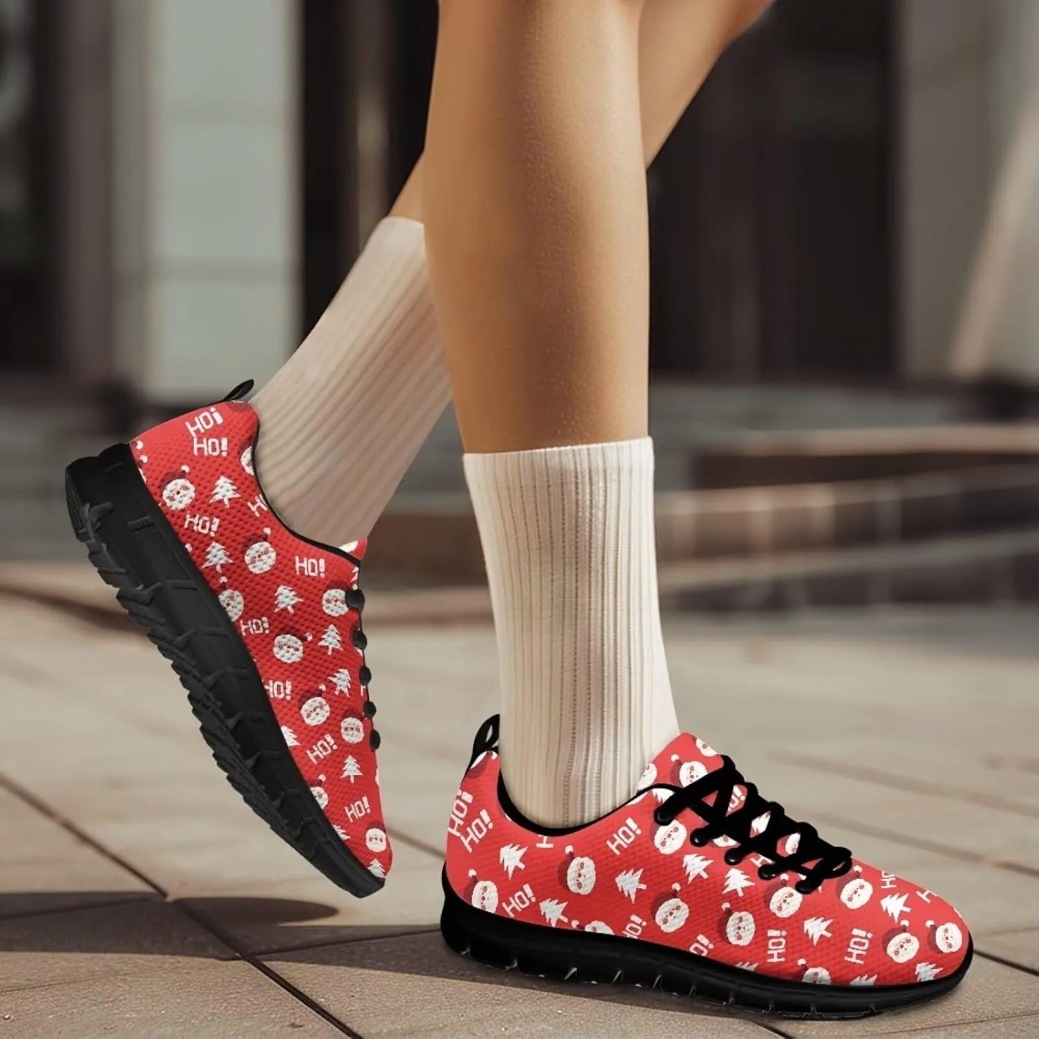 Christmas Sneakers for Women Flat Soft Low-Top Outdoor Running Sneakers for Ladies Lace-Up Non-Slip Workout Hiking Shoes for Teen Girls US 5-12