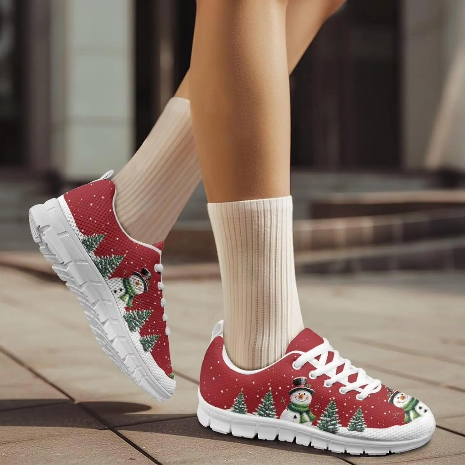 Christmas Women's Sneakers Comfortable Anti-Skid Workout Tennis Sneakers for Womens Low-Top Lightweight Lace-Up Outdoor Walking Shoes for Ladies US 5-12