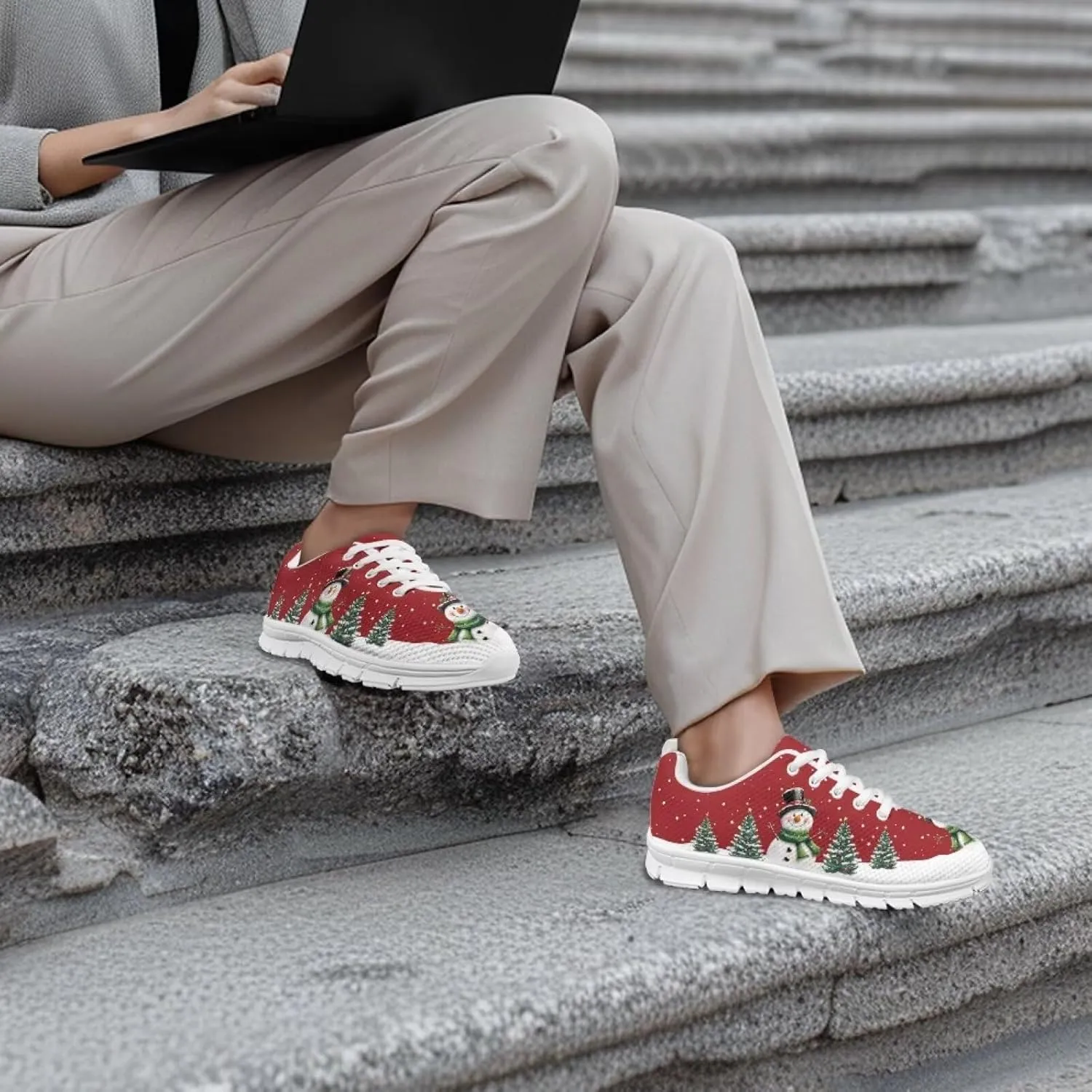 Christmas Women's Sneakers Comfortable Anti-Skid Workout Tennis Sneakers for Womens Low-Top Lightweight Lace-Up Outdoor Walking Shoes for Ladies US 5-12