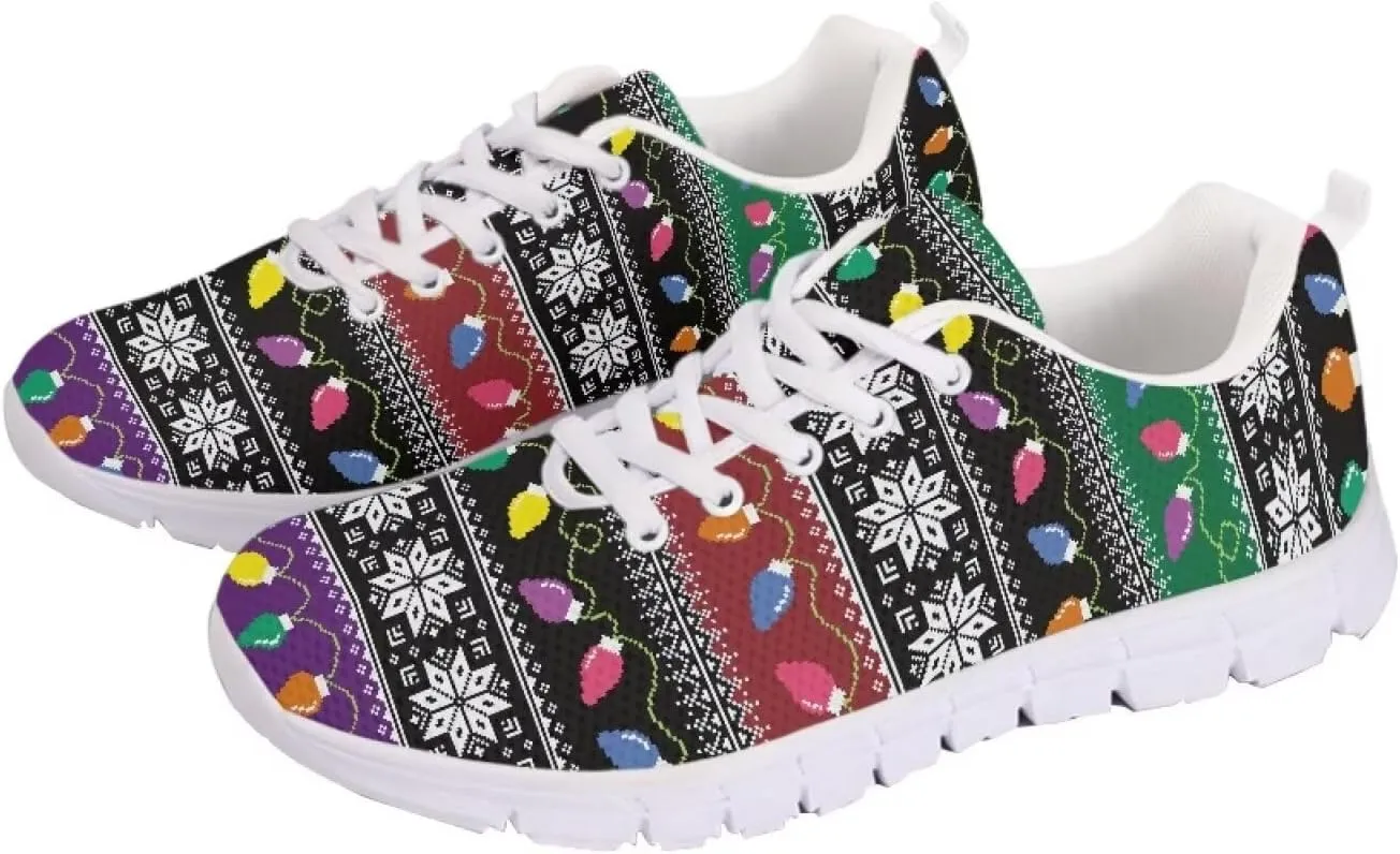 Christmas Women's Sneakers Lightweight Non-Slip Outdoor Walking Sneakers for Womens Cozy Flat Breathable Mesh Lace-Up Workout Tennis Shoes for Ladies Black US 5-12