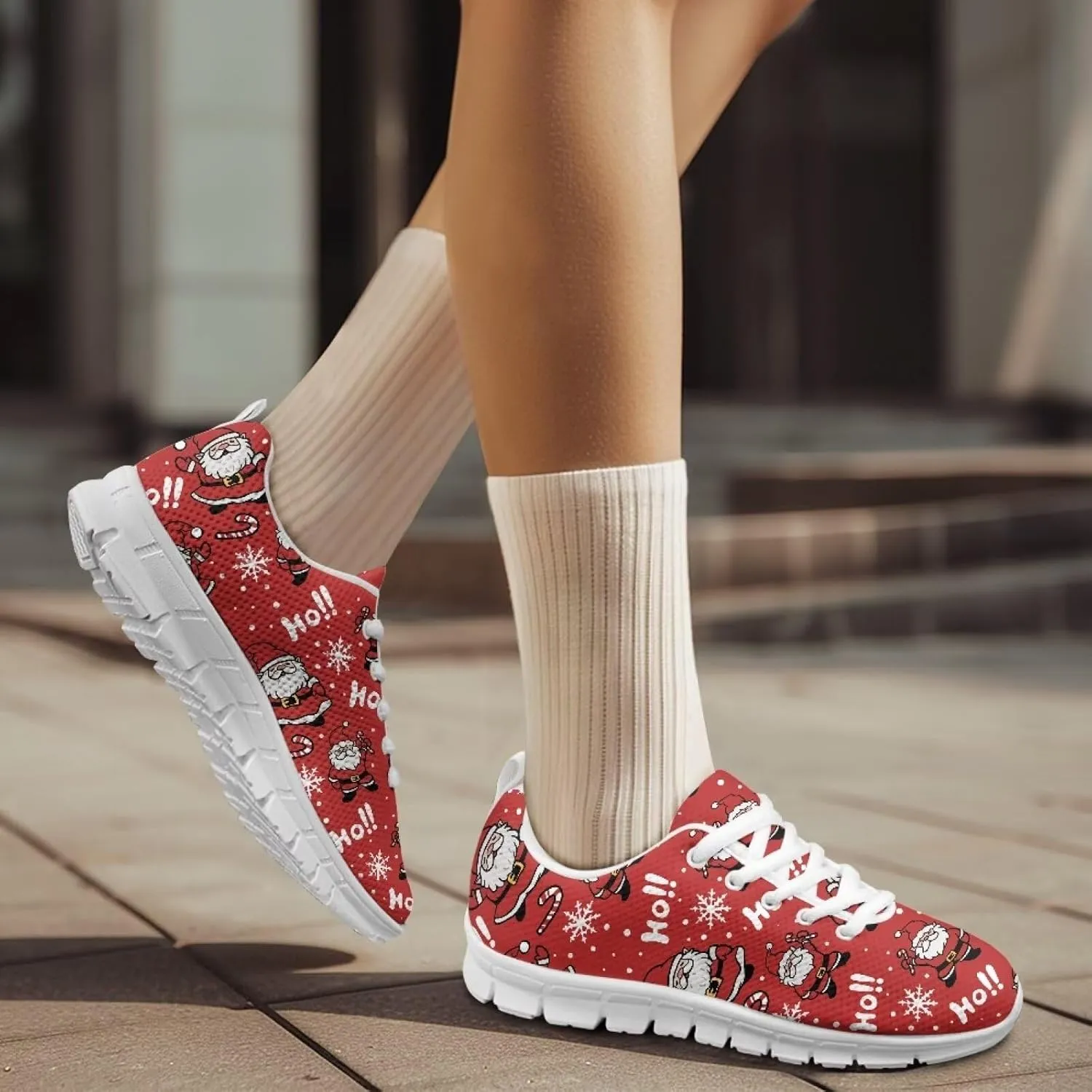 Christmas Women's Sneakers Lightweight Non-Slip Outdoor Walking Sneakers for Womens Cozy Flat Breathable Mesh Lace-Up Workout Tennis Shoes for Ladies Black US 5-12
