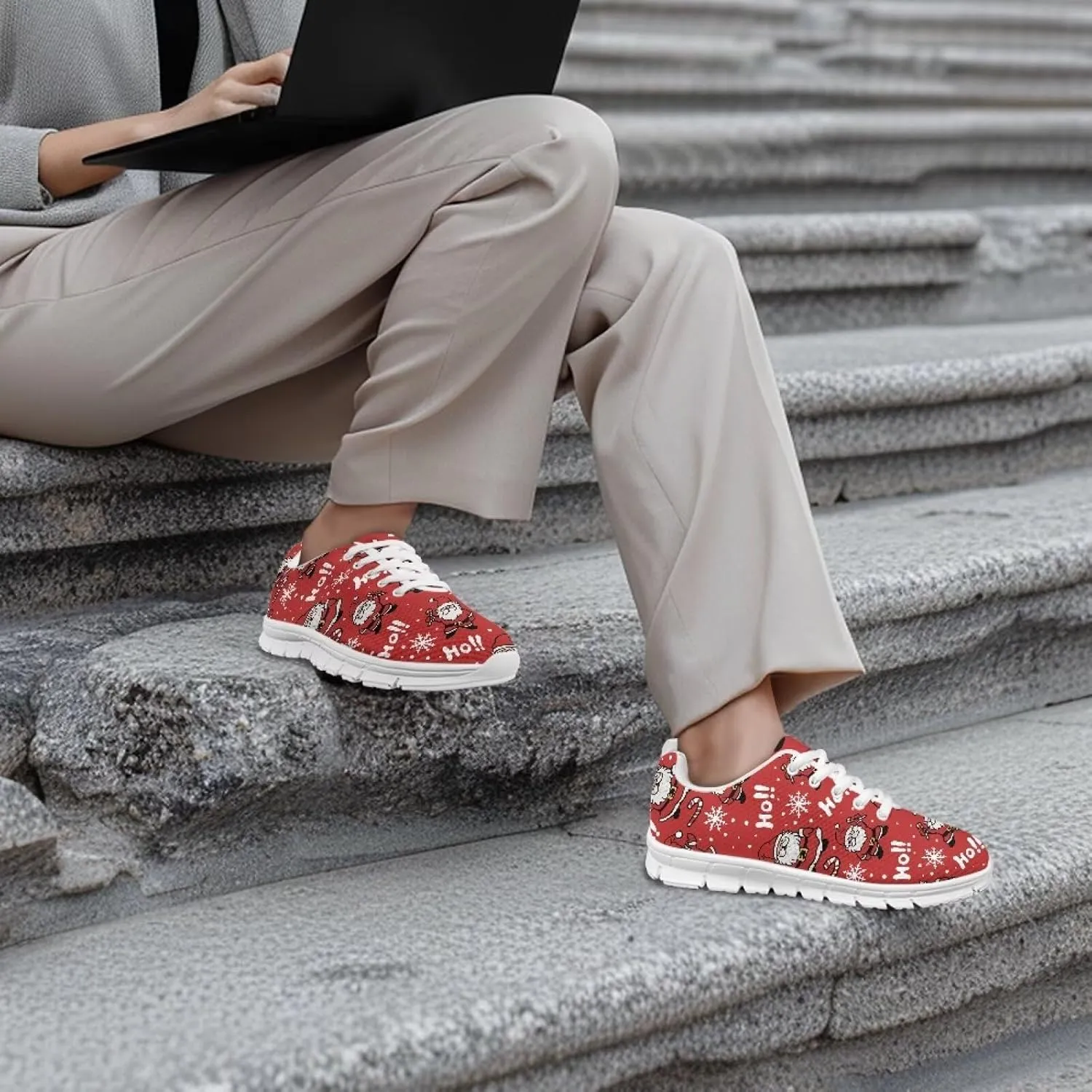 Christmas Women's Sneakers Lightweight Non-Slip Outdoor Walking Sneakers for Womens Cozy Flat Breathable Mesh Lace-Up Workout Tennis Shoes for Ladies Black US 5-12