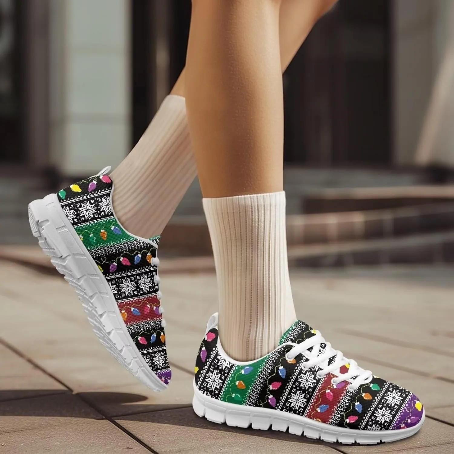 Christmas Women's Sneakers Lightweight Non-Slip Outdoor Walking Sneakers for Womens Cozy Flat Breathable Mesh Lace-Up Workout Tennis Shoes for Ladies Black US 5-12