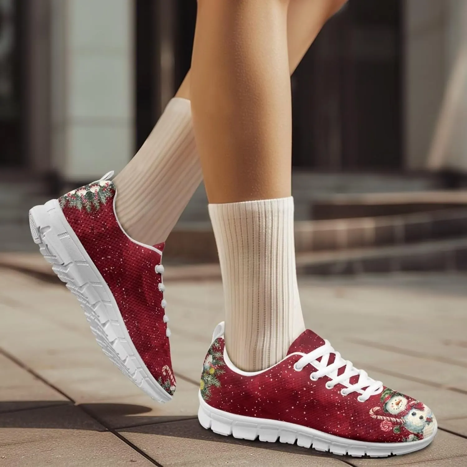 Christmas Women's Sneakers Soft Lightweight Anti-Skid Workout Tennis Sneakers for Womens Low-Top Lace-Up Outdoor Exercise Walking Shoes for Ladies US 5-12