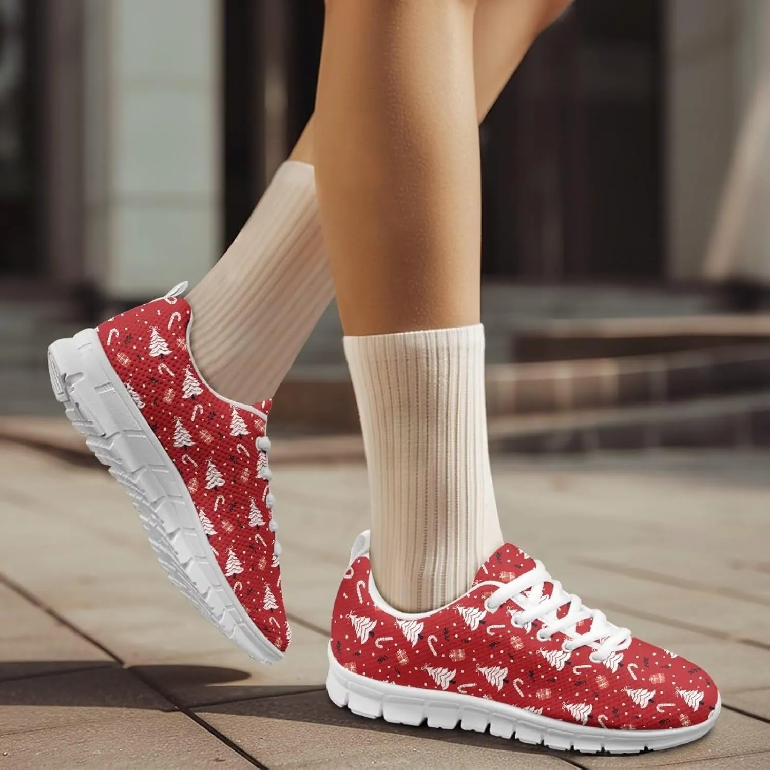 Christmas Women's Sneakers Soft Lightweight Anti-Skid Workout Tennis Sneakers for Womens Low-Top Lace-Up Outdoor Exercise Walking Shoes for Ladies US 5-12