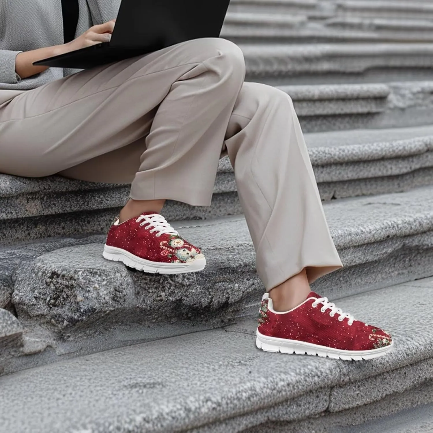 Christmas Women's Sneakers Soft Lightweight Anti-Skid Workout Tennis Sneakers for Womens Low-Top Lace-Up Outdoor Exercise Walking Shoes for Ladies US 5-12