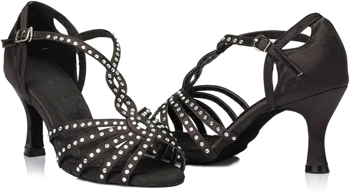 Comfortable Dancing Heels for Women Satin Party Wedding Sandals with Rhinestone
