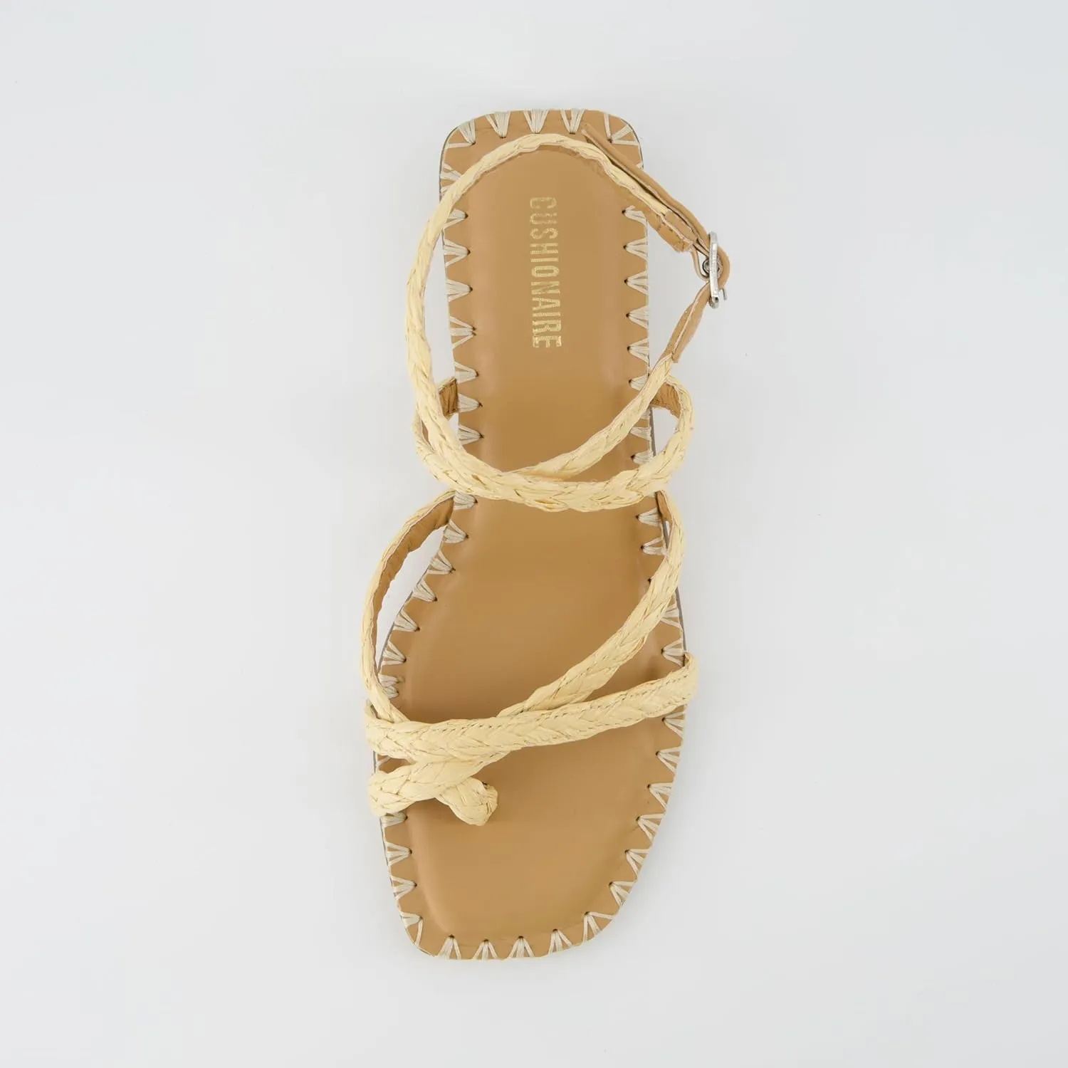CUSHIONAIRE Wave Raffia Strappy Sandals for Women  Braided Toe Ring Ankle Wrap Dress Sandal with Low Block Heel & Memory Foam