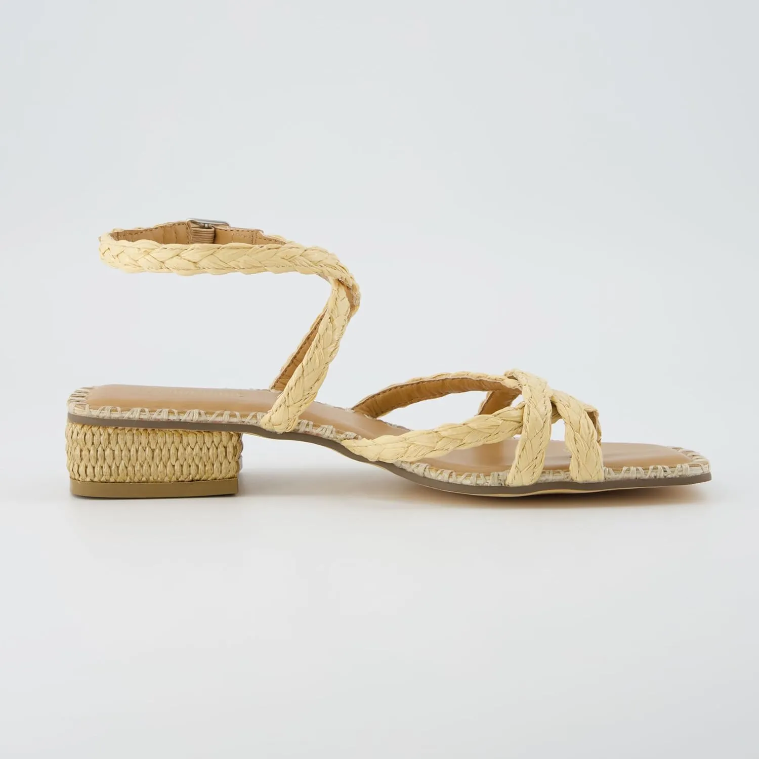 CUSHIONAIRE Wave Raffia Strappy Sandals for Women  Braided Toe Ring Ankle Wrap Dress Sandal with Low Block Heel & Memory Foam