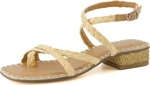 CUSHIONAIRE Wave Raffia Strappy Sandals for Women  Braided Toe Ring Ankle Wrap Dress Sandal with Low Block Heel & Memory Foam