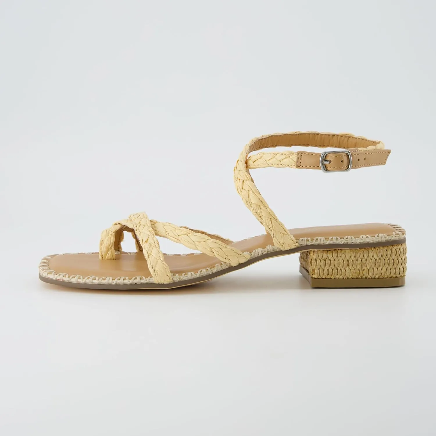 CUSHIONAIRE Wave Raffia Strappy Sandals for Women  Braided Toe Ring Ankle Wrap Dress Sandal with Low Block Heel & Memory Foam