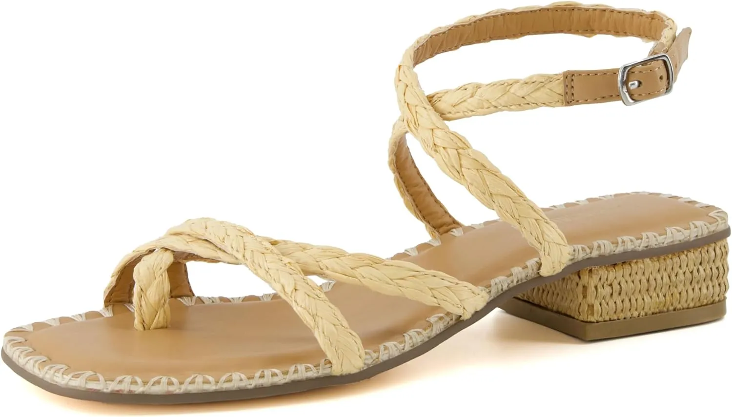 CUSHIONAIRE Wave Raffia Strappy Sandals for Women  Braided Toe Ring Ankle Wrap Dress Sandal with Low Block Heel & Memory Foam