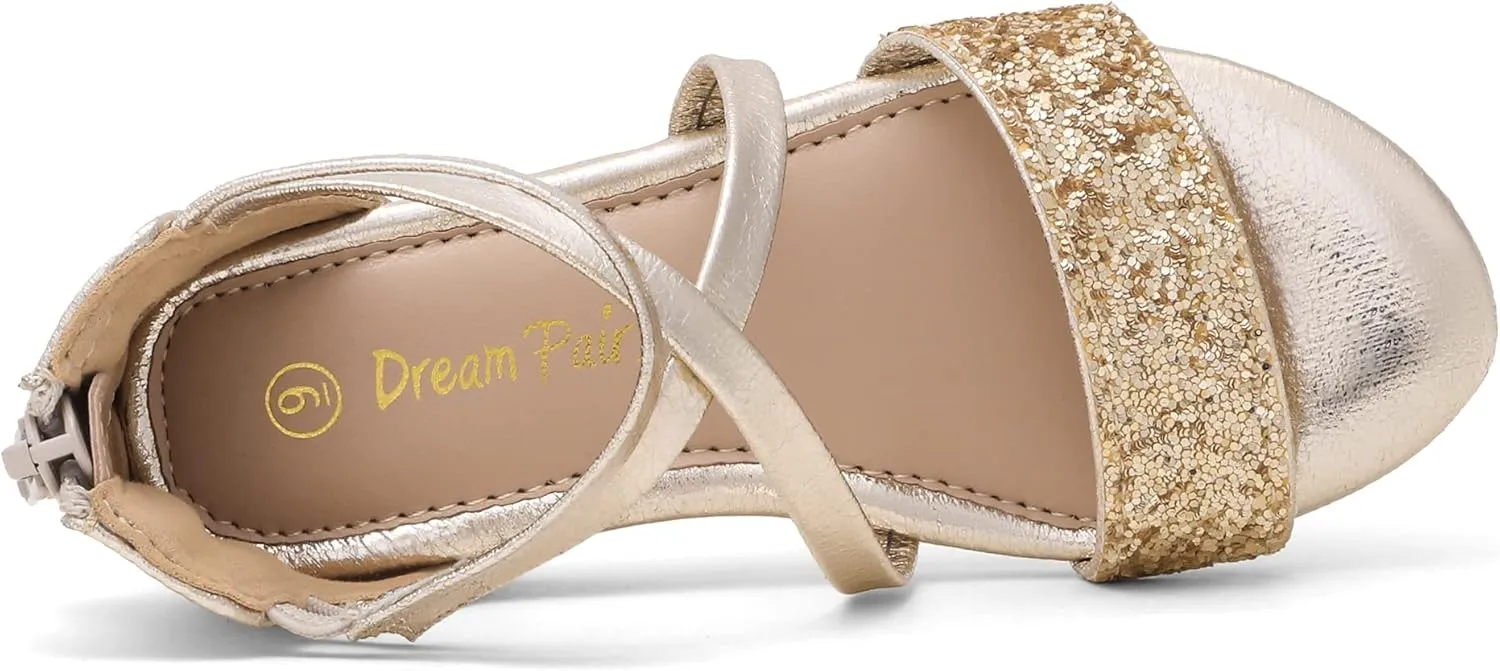 DREAM PAIRS Girls Sandals Ankle Strap Dress Low Wedge Sandals with Zipper Summer Shoes Toddler/Little Kid