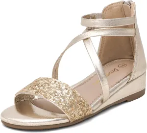 DREAM PAIRS Girls Sandals Ankle Strap Dress Low Wedge Sandals with Zipper Summer Shoes Toddler/Little Kid