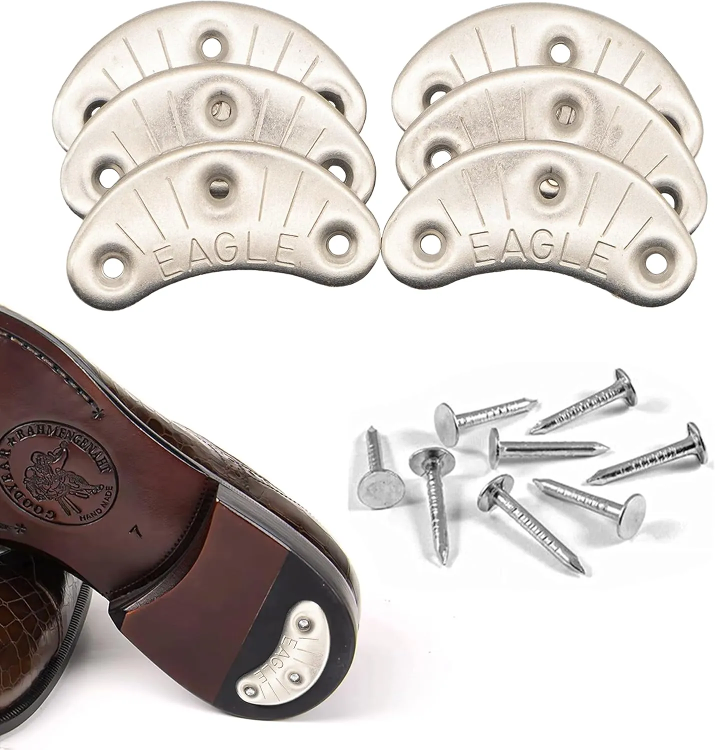 Eagle Metal Heel Plates for Shoes & Boots  Durable Heel Taps & Heel Savers for Boots  3 Pairs with Nails  Shoe Heel Taps for Men, Cowboy Boot Heel Repair Kit, Spark Plates for Shoes