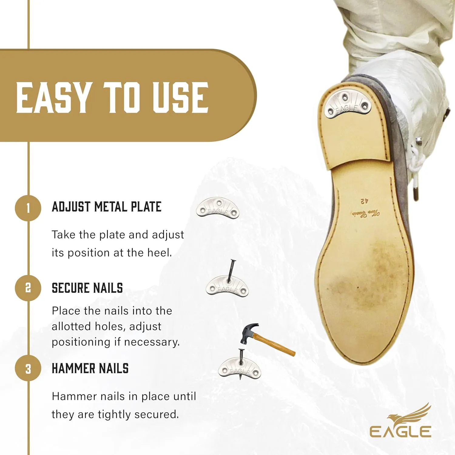 Eagle Metal Heel Plates for Shoes & Boots  Durable Heel Taps & Heel Savers for Boots  3 Pairs with Nails  Shoe Heel Taps for Men, Cowboy Boot Heel Repair Kit, Spark Plates for Shoes