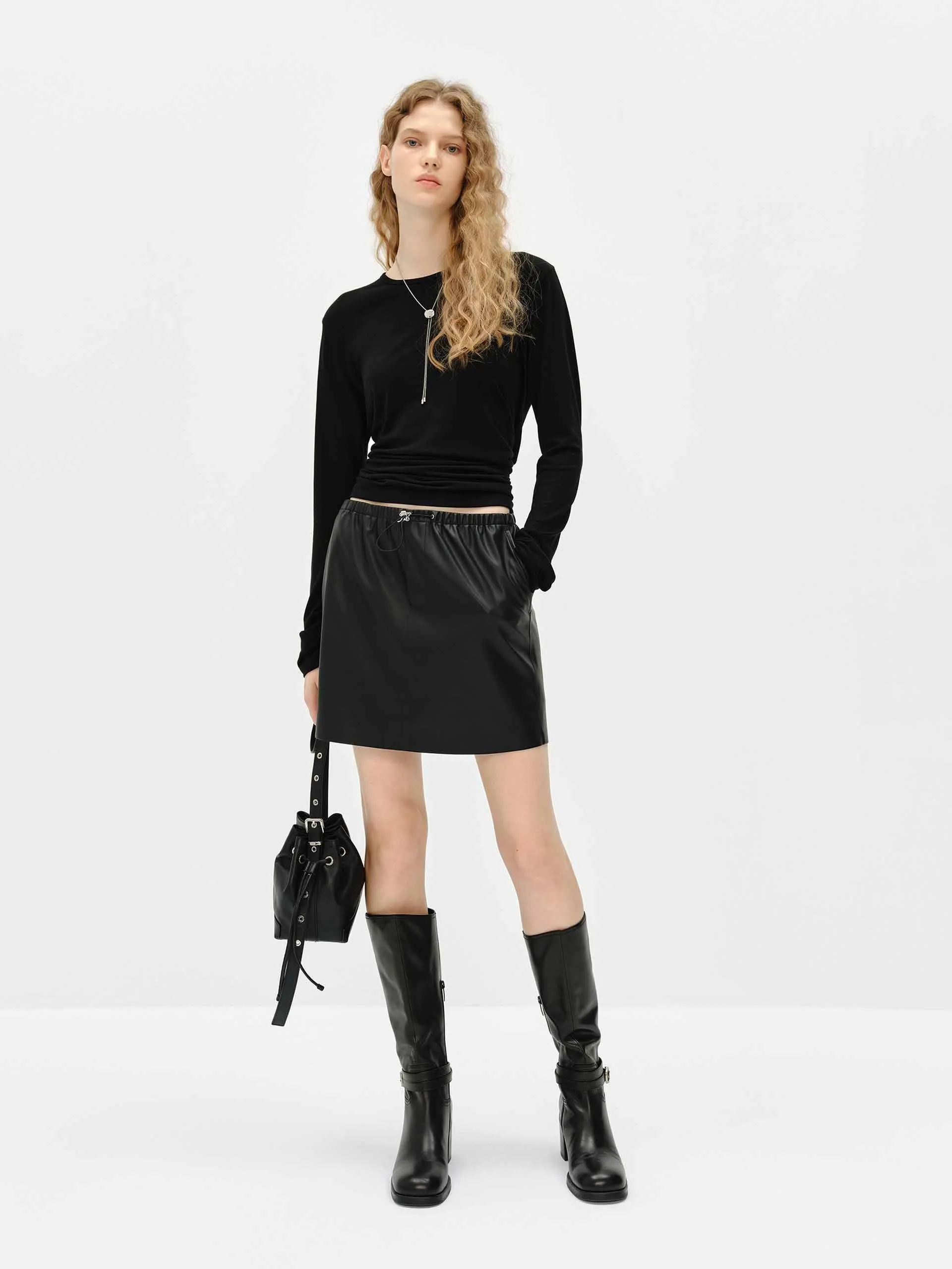 Elastic Waist Leather Skirt